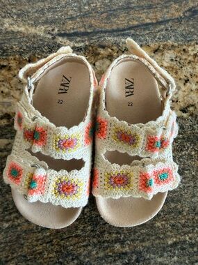 Zara Cream Crochet Kids Sandals with Coral, Yellow & Teal Accents
